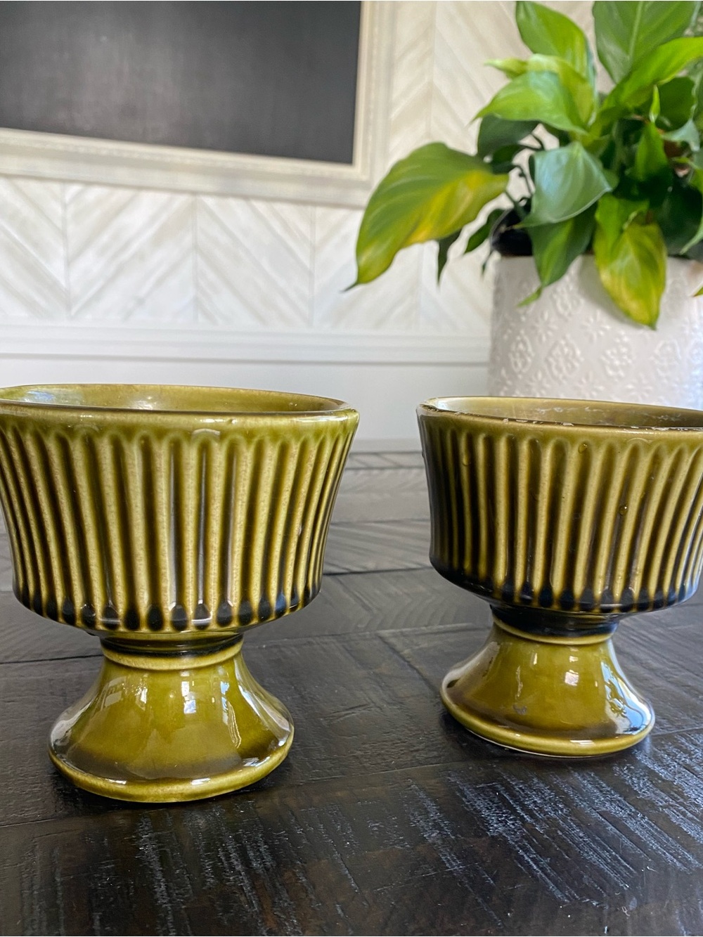 McCoy Floraline USA 470 Olive Green Ceramic Pedestal Planter - Set of 2